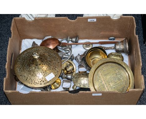 A Mixed Collection of Glass Ware and Associated Metal to include: Indian bowls, silver plated vase, a 19th century copper lad