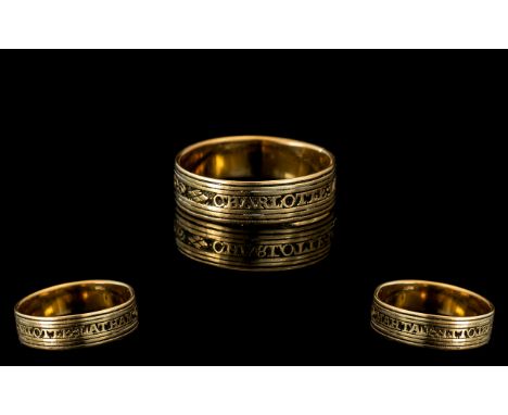 George III 18ct Gold Mourning Band Ring, Inscription to Exterior of Band, Reads Charlotte Latham. 28th March 1810, Aged 26 Ye