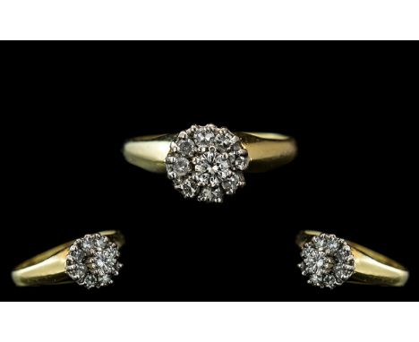 Ladies 18ct Yellow Gold Attractive Diamond Set Cluster Ring of flower head design, with full hallmark for 750 - 18ct to inter