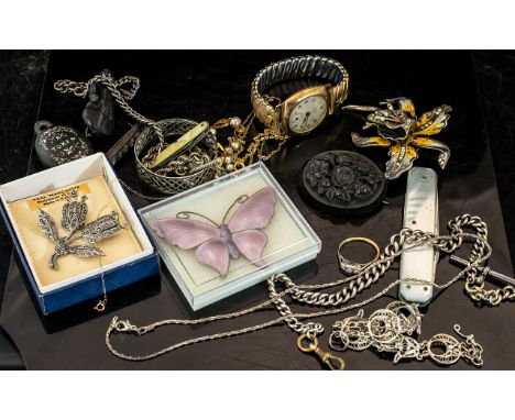 A Mixed Lot of Jewellery and Collectables to include a silver enamelled butterfly brooch, a mother of pearl handled pocket kn