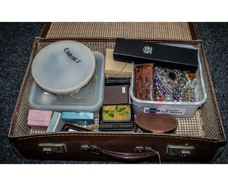 A Suitcase Containing a Collection of Costume Jewellery to include brooches, beads, pendants, lockets, earrings, cufflinks, t