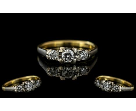 18ct Yellow Gold Attractive 3 Stone Diamond Set RIng. Marked 18ct to Interior of Shank. Good Setting. The 3 Brilliant Cut Dia