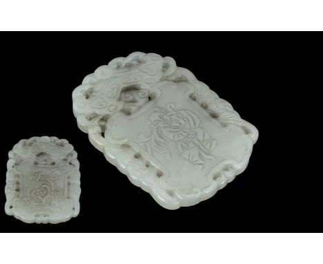 Mutton Jade Square Amulet Tablet, pierced decoration, depicting figure, 2.5 x 1.5".