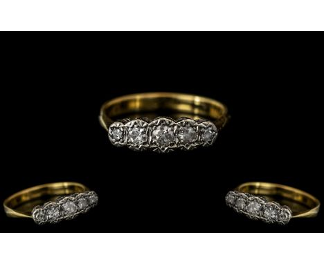 Antique Period 18ct Gold and Platinum - Petite 5 Stone Pave Diamond Set Ring. Marked 18ct Gold and Platinum to Interior of Sh