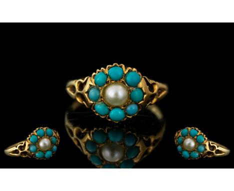 Antique Period - Exquisite / Petite 18ct Gold Turquoise and Pearl Set Dress Ring, Flower head Design. Ring Size H ( Small ) S