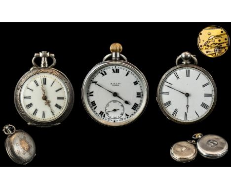 A.S &amp; Company Sterling Silver Open Faced Lever Keyless Pocket Watch. Hallmark London 1919 + Ladies Sterling Silver Open F