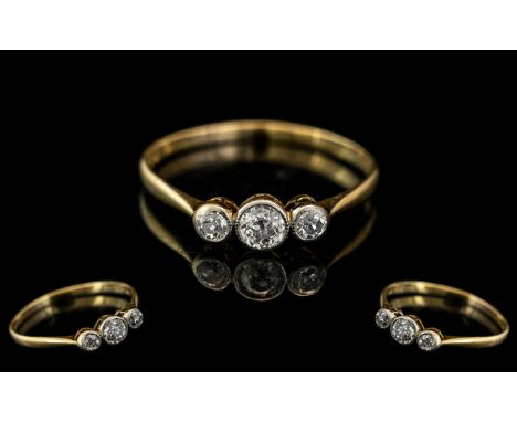 Antique 18ct Gold Three Stone Diamond Ring Milgrain Set, Hallmark Rubbed, Ring Size P