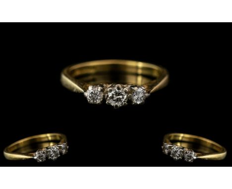 18ct Gold - Attractive 3 Stone Diamond Set Ring. Full Hallmark for 750 - 18ct to Interior of Shank. The 3 Round Diamonds of G