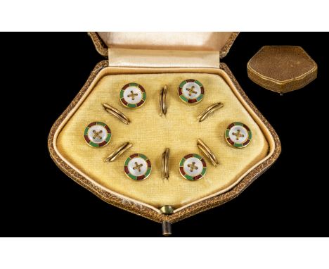 1930's Art Deco Period Excellent Quality 18ct Gold and Enamel Set Gentleman's Set of Studs. In Original Tan Leather Display B