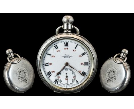 Kays Universal Lever Sterling Silver Key-less Open Faced Pocket Watch. Full English Hallmark. Stop / Start Issues, Case / Dia