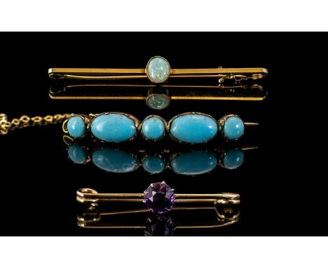 A Trio of Antique 15ct &amp; 9ct Gold Stone Set Brooches. Comprises 1/ 15ct Gold Opal Set Brooch, Marked 15ct. 2/ 9ct Gold Tu