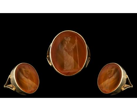 Antique Period - Pleasing 9ct Gold Seal - Intaglio Oval Shaped Ring.  Depicts image of Boudica standing with shield and staff