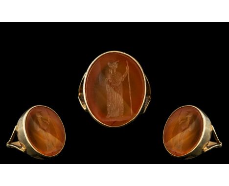 Antique Period - Pleasing 9ct Gold Seal - Intaglio Oval Shaped Ring.  Depicts image of Boudica standing with shield and staff