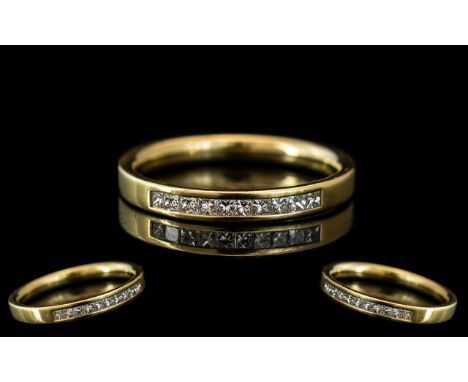 18ct Gold Diamond Band Channel Set With Ten Princess Cut Diamonds Fully Hallmarked. Ring Size N. 