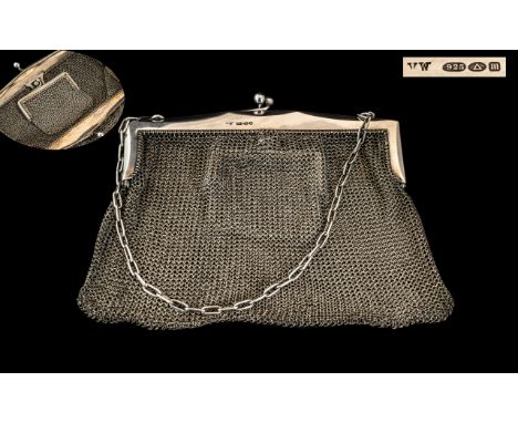 Edwardian Period - Ladies Unusual and Superb Quality Sterling Silver Mesh Purse / Bag, With Integral Small Sovereign Purse Wi