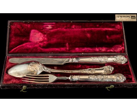 Antique Period Well Matched and Excellent Quality 3 Piece Sterling Silver Boxed Christening Set. Comprises 1/ Knife - Blade a