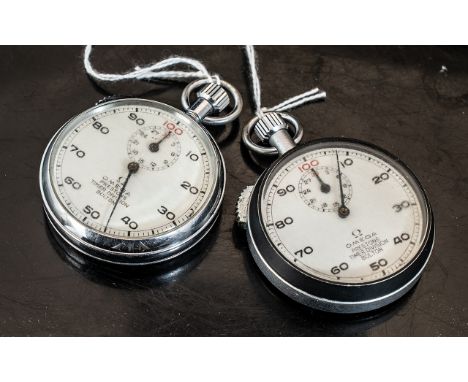 Omega - Vintage Commercial Chrome Cased Stopwatches ( 2 ) Marked Omega, Preston's, Timer Division Bolton to Dials of Both Sto