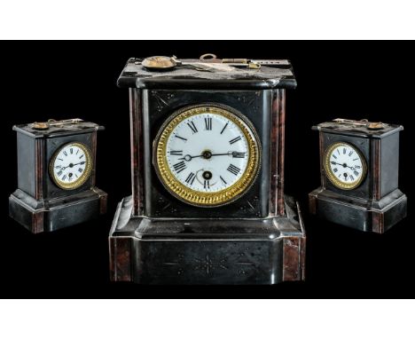 A Slate Mantle Clock, white enamel dial with Roman numerals, height 8" x 8" wide.