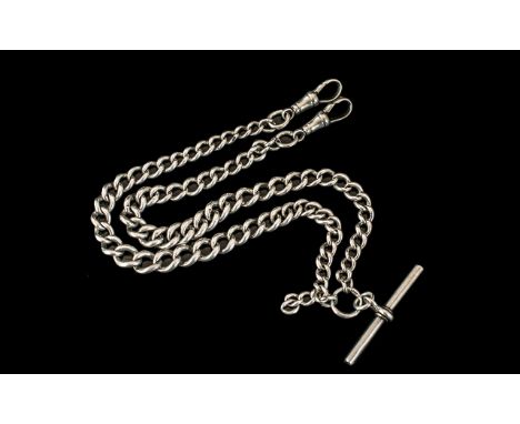 Antique Period Sterling Silver - Double Albert Watch Chain with T-Bar and Clasps. Fully Hallmarked for Sterling Silver. Lengt