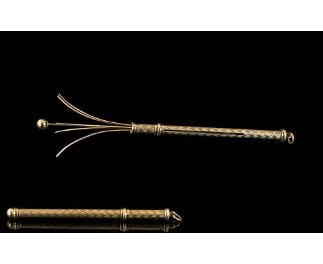 A Fine Quality 9ct Gold Propelling Cocktail Swizzle Stick, In Pristine Condition. Full Hallmark for 9.375. Basket Weave Desig