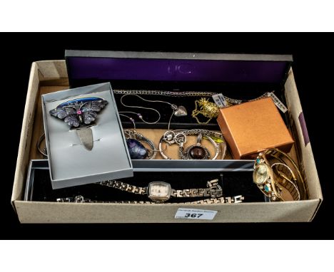 Collection of Costume Jewellery, most marked for silver, comprising a stone set silver bracelet, a silver heart shaped bangle