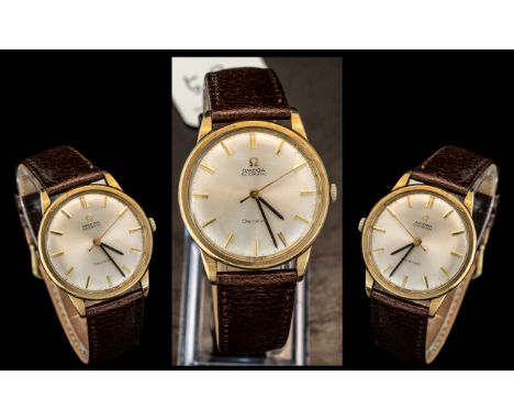 Omega - Automatic 9ct Gold Cased 1970's Wrist Watch, With Tan Leather Strap, Features a Pearl Coloured Dial with Gold Markers