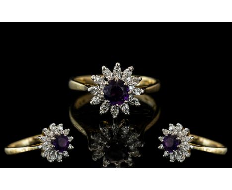 18ct Gold Diamond and Amethyst Cluster central amethyst surrounded by twelve round modern brilliant cut diamonds, fully hallm