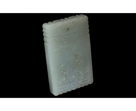 Mutton Jade Square Amulet engraved decoration depicting scholar and pupils, marks to base, measure 2.25 x 1.5" 