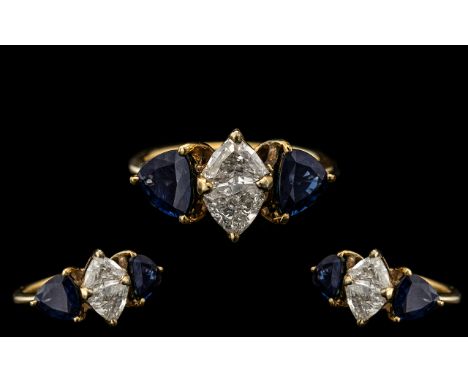 18ct Gold Attractive / Excellent Quality 3 Stone Diamond and Sapphire Dress Ring. Ring Size K - L. Centering on One Trilliant