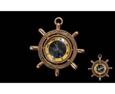 Antique Period 9ct Gold Pendant / Compass In the Form of a Ships Steering Wheel. Fully Hallmarked for 9.375, Health and Succe