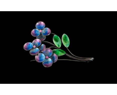 Bernard Instone Silver And Enamel Flower Brooch, In Blues, Pinks And Green, Marked Silver B.I (68x 45mm)
