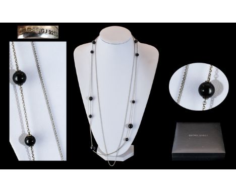 Georg Jensen - Vintage Superb Sterling Silver Long Double Strand Necklace with Jet Black Bead Spacers. Ref No GJ9255. Full Ha