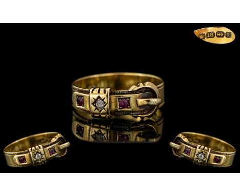 Antique 18ct Gold Attractive Ruby and Diamond Set Buckle Ring, Excellent Design. Full Hallmark - Birmingham 1918, Also Marked