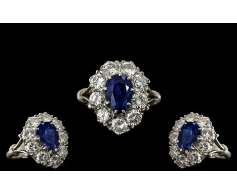 Antique Period Stunning 18ct White Gold and Platinum Diamond and Sapphire Set Dress Ring. Marked Platinum and 18ct. The Centr