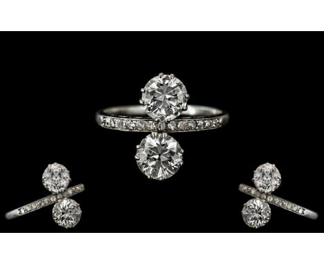 Ladies Superb 1920's 18ct White Gold - Two Stone Diamond Set Ring. The Two Brilliant Cut Round Diamonds of Top Colour / Clari