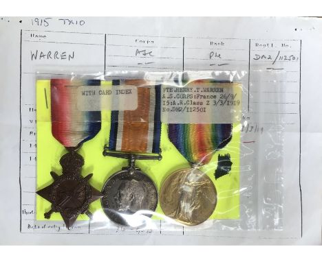 British WW1 medal group of 1914-15 star, War and Victory medal to Pte Henry T Warren of the Army Service Corps.