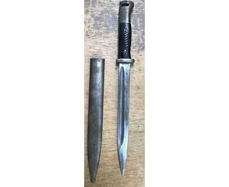 German WW2 M84/98 Bayonet, by P. Weyersberg, proof marks to hilt with steel scabbard. 10” blade 16” overall.