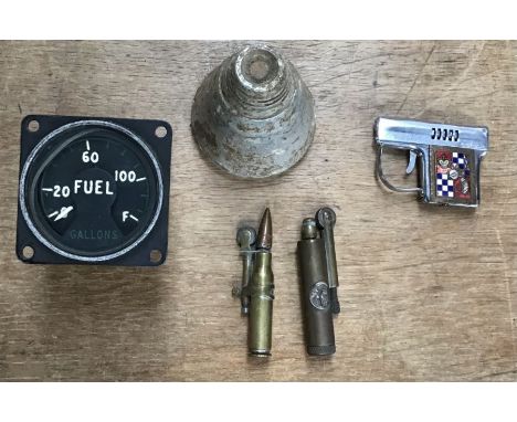 Aircraft type fuel gauge, Two Trench art lighters made from a bullet and other brass material with another lighter in a form 
