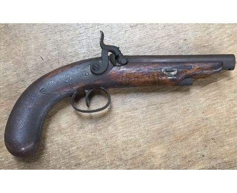 Small percussion pocket pistol by Burrow of Preston, 9.5” overall length and 5” barrel in approx .450” No obvious proof marks