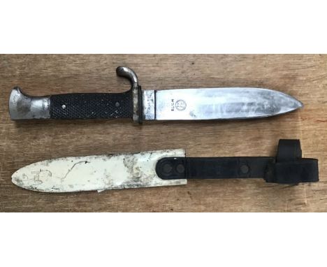 HJ traveling knife with motto and dated 1937, scabbard painted with attached frog (belt loop broken)