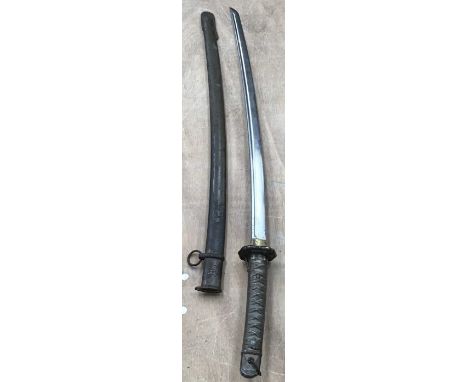 Japanese WW2 Type 95 Nco’s Katana numbered 42905 with matching numbered scabbard, approx 68cm blade, inspection marks to hilt