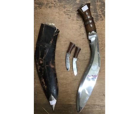 Gurkha Kukri knife and scabbard with the two accompanying small knives, presentation type given mainly to retired Gurkha Offi