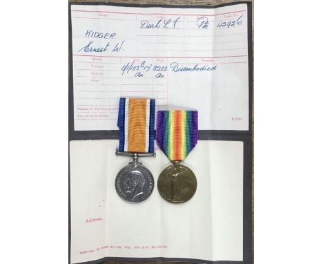 British WW1 Pair of War and Victory to 42926 Pte E.W.&nbsp;Kidger of the Durham Light Infantry, Interestingly stated as being