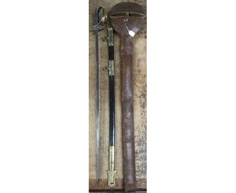 19th Century Royal Navy Officers Sword with Scabbard and Original brown leather protective cover marked J.W of the Royal Navy