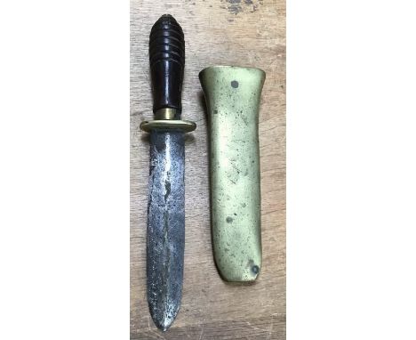 Rare 1900’s Divers Knife with heavy brass scabbard. (Wooden handle and colour cracked).