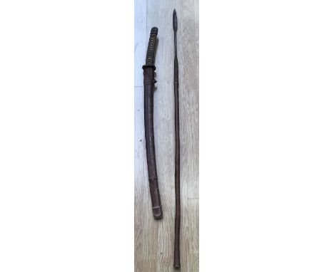 WW2 Japanese Katana Sword with original brown leather cover to scabbard, sword holding catch loose with a African 1920’s hunt