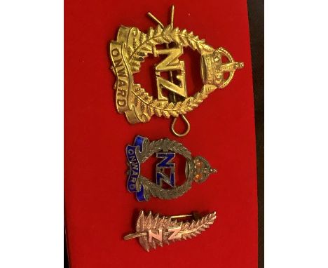 New Zealand's famous Onward badge , Early pattern WW1 NZ hat or collar badge and Silver Enamelled badge