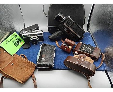 Fujica compact 35mm in case with manual, vintage Kodak camera in case, Kodak junior 620 and Chinon flash gun in case