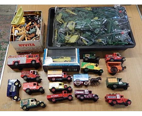 collection of army soldiers/tanks etc, tin full of plastic animals and some Lledo toys