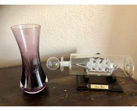 Caithness signed vase and Ship in bottle